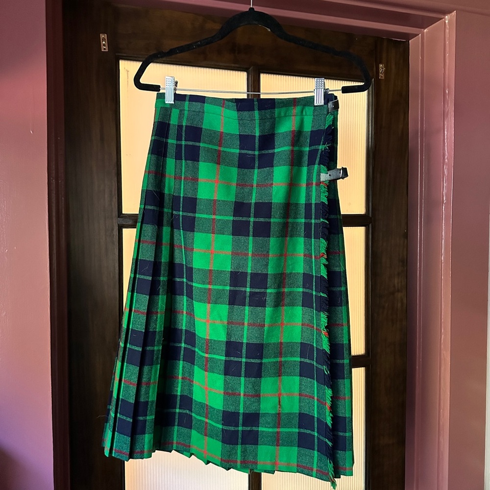 Vintage Wool Green and Blue Plaid Women's Skirt